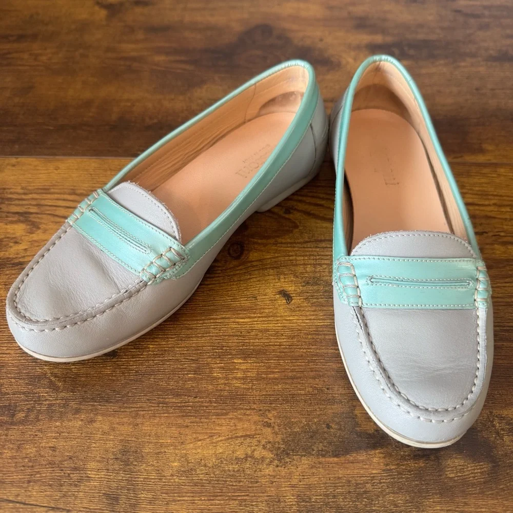 A. Testoni Italy Women’s Leather Loafers Gray Mint‎ EU 35 US 5 Penny Slip On
